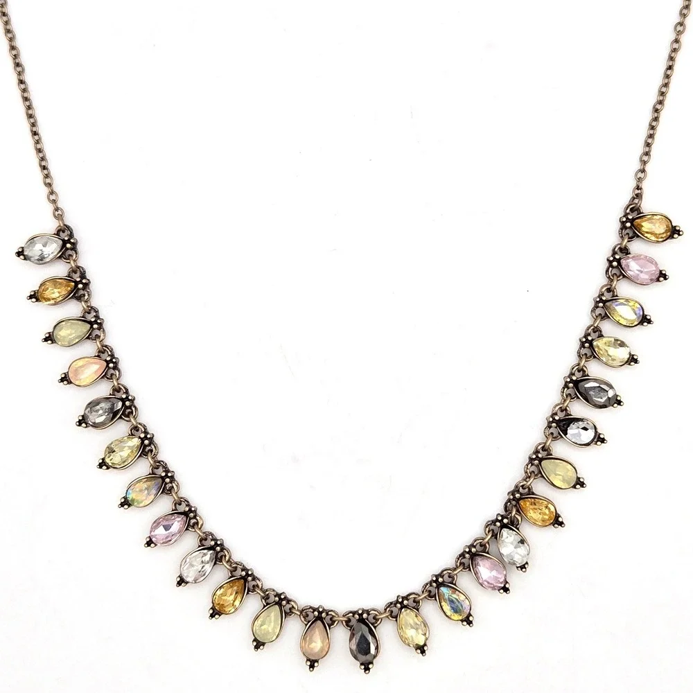 Brass Tone Multi Color‎ Crystal Teardrop Fringe Adjustable Necklace